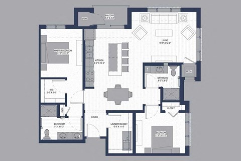 Floor plan for 2 beds, 2 baths, 1136 sqft